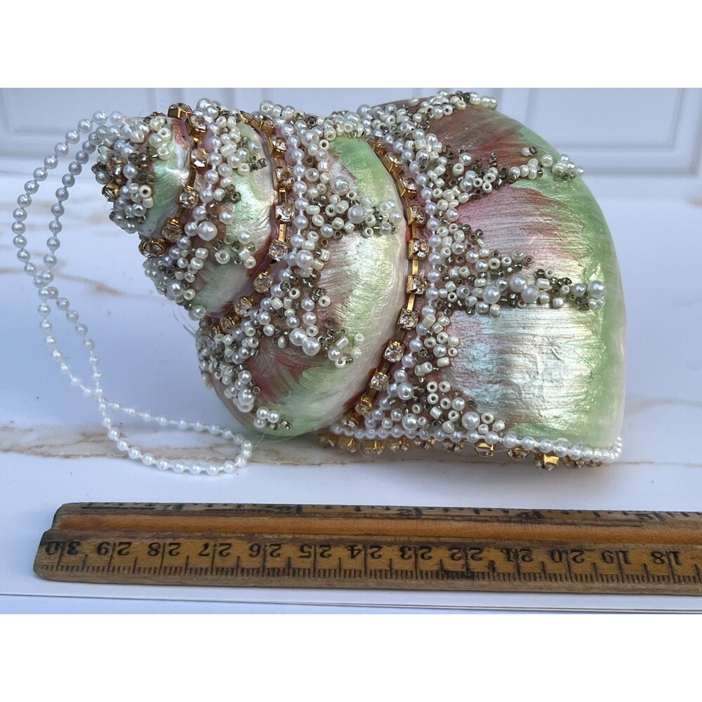 Large Jeweled Seashell Christmas Ornaments Pearl Beaded Rhinestone Coastal Pair - Picture 7 of 16